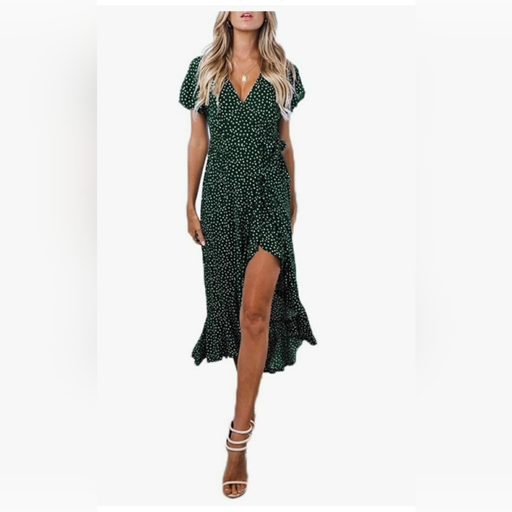 NWT Zesica Brand Elegant Green Polka Dot Wrap Midi Dress Size XL
